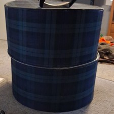 Blue Black Plaid Round Hat Box Fabric Case w/ Zipper, Handle, Interior Stand