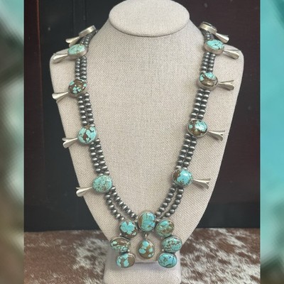 Number 8 Turquoise Squash Blossom Naja Southwestern Sterling Silver Necklace 