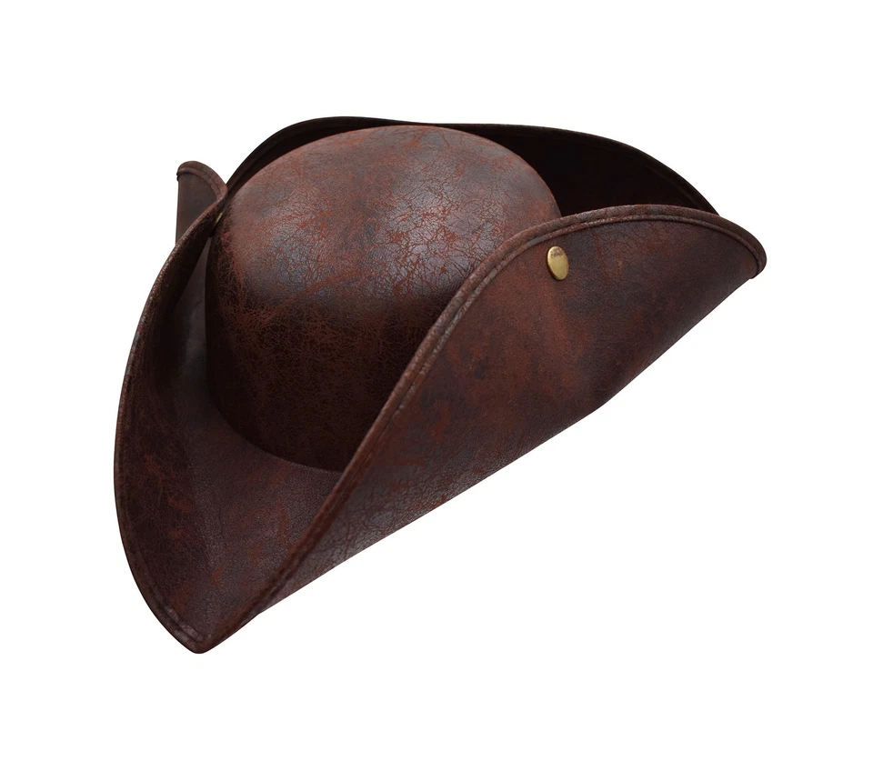 Adult Brown Distressed Wrinkle Leather Carribean Tricorn Pirate Hat Costume - Image 4 of 4
