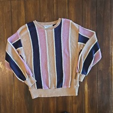 Nan Dorsey Women Sweater Pink Black Tan Vertical Stripe Crewneck Made in USA MED