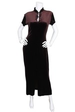 Y2K 90s Vintage Mica Brown Velvet Midi Dress Mandarin Asian Frog Knot Small