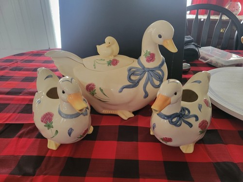 LENOX Poppies on Blue Barnyard Goose Tureen w Ladle & Duck Teapots (No Lids) 