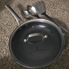 Lot Emeril Lagasse Anodized Fry Pan 10" W/lid & Stainless Steel Utensil Set Of 3