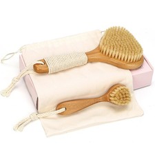 eaxun Bamboo Dry Brushing Body Brush Set, Firm Natural Boar Bristles