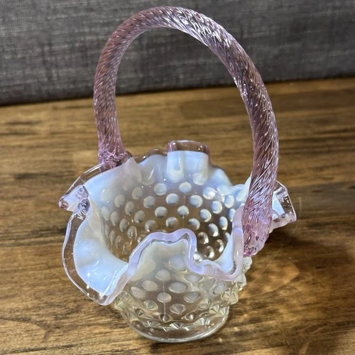 FENTON GLASS HOBNAIL BASKET " PINK Handle OPALESCENT CHIFFON 6.5" BASKET