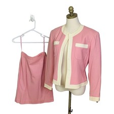 Vintage 8 Rose Pink Skirt Suit Set w/ Jacket Ivory Trim Pencil Skirt Blazer 2pc