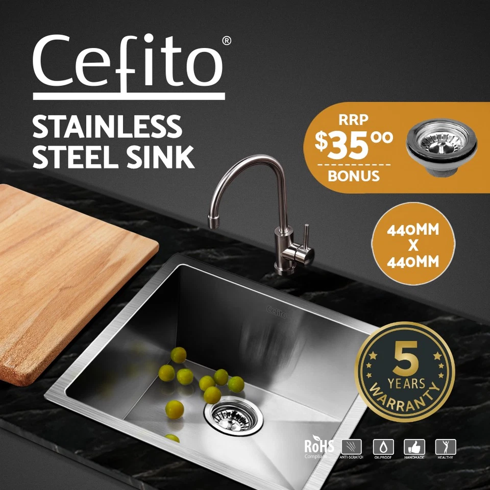 Cefito Kitchen Sink 44X44CM Stainless Steel Basin Single Bowl Silver