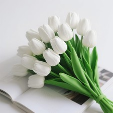 20 Pcs Fake Tulips Artificial Flowers 13" White Faux Flowers Real Touch PU Tu...
