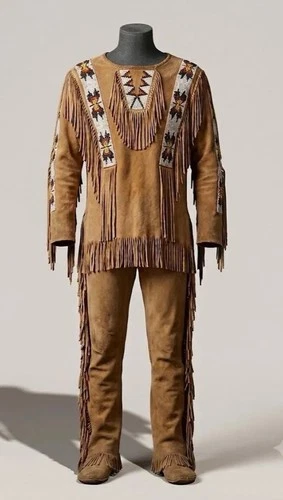 Traditional Buckskin War Shirt Set, Genuine Suede Leather Beaded Powwow Regalia - product listing photo
