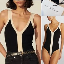 SANDRO Paris NWT 295 Black/Ivory TwoTone Rib Viscose Stretch Knit Bodysuit 3/M-L
