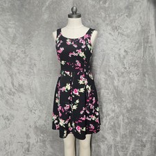 Express Skater Dress Women 6 Black Floral Cutout Back Fit Flare Retro Feminine