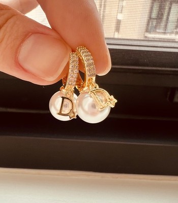 Vintage Christian Dior Gold Tone Crystal Faux Pearl Dangle Pieced Earrings
