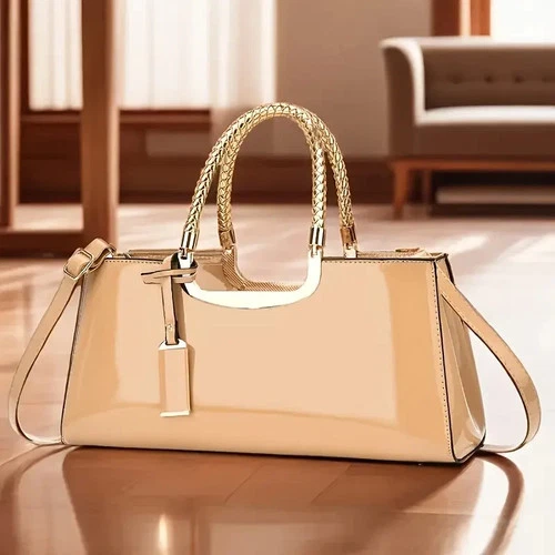 New Tan Beige Glossy Patent Evening Bag Purse Handbag Daily Use