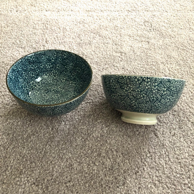 Pair of Cheng's Porcelain Blue Floral pattern Rice Vegetable Serving Bowl Footed