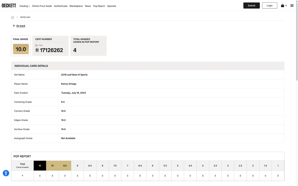 Kenny Omega BGS 10: 2018 Leaf Best of Sports Pristine Wrestling Card #11 POP 4 - Image 3 of 3