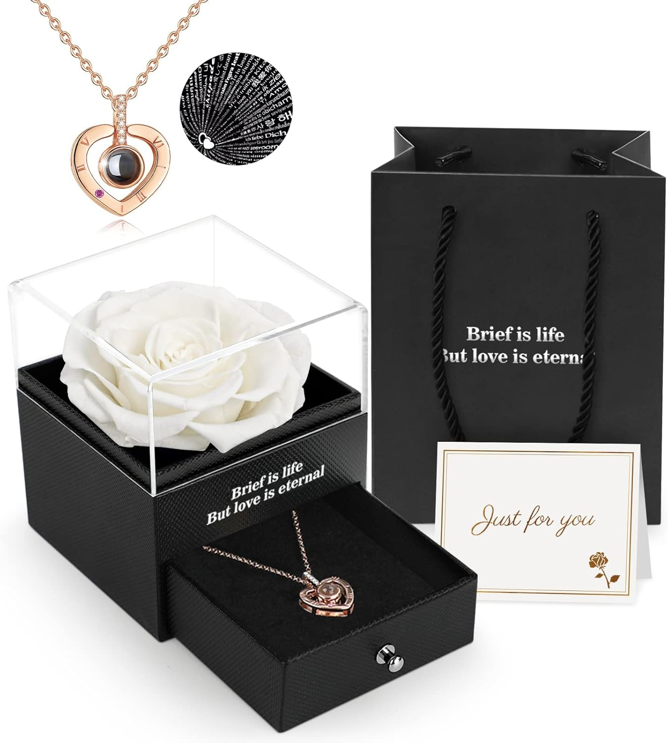 ADAZ Preserved Real Rose Gift Box with I Love You Necklace, Handmade Eternal.