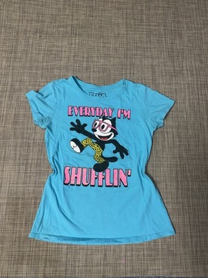 Felix the Cat Everyday i m Shuffling Y2K Blue Graphic T Shirt Sz Youth XL Scene