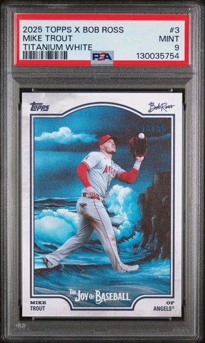 POP 1 MIKE TROUT /35 TITANIUM WHITE #3 2025 TOPPS X BOB ROSS JOY BASEBALL PSA 9