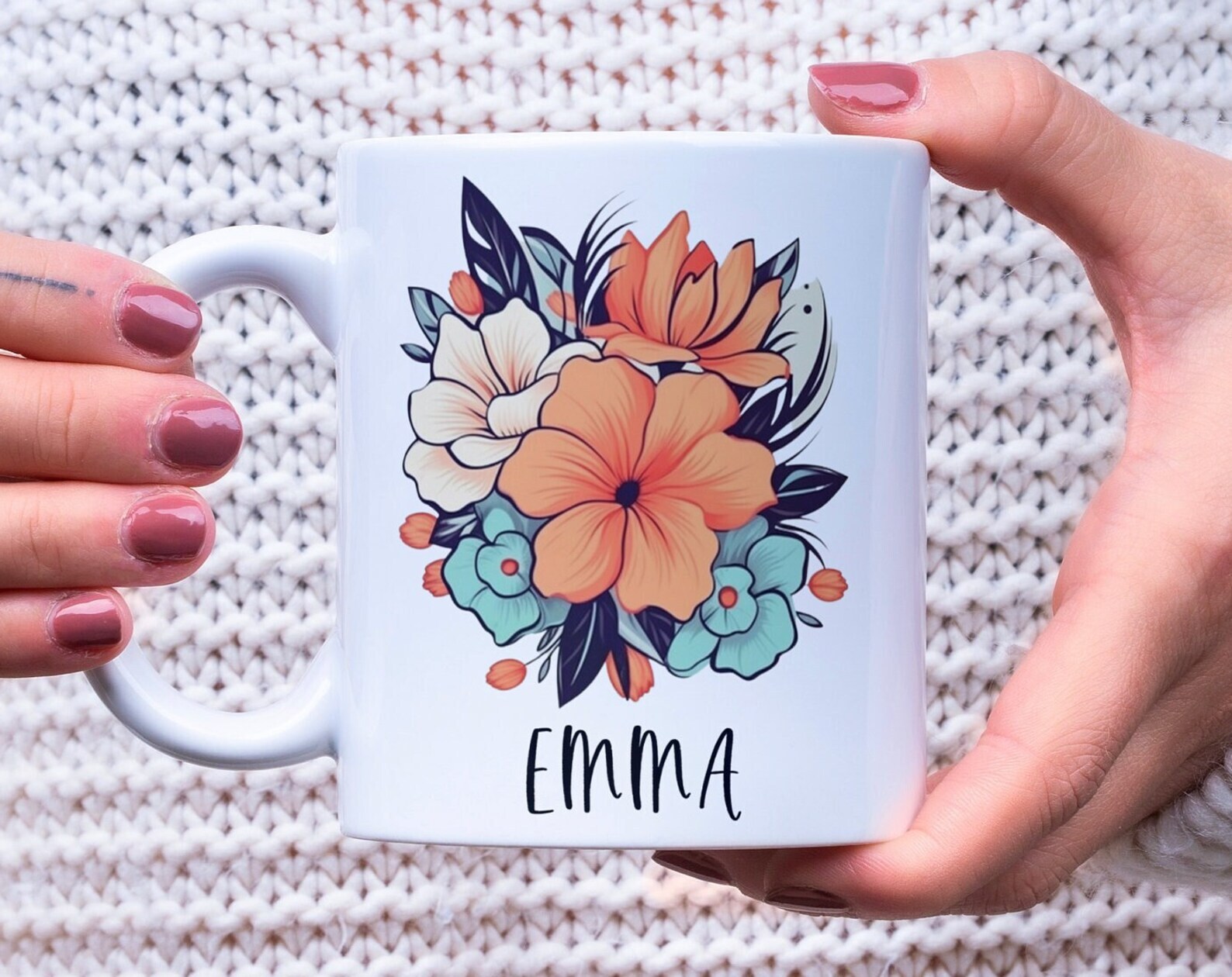 Flower Mug Custom Name Personalized Mug Elegant Design Coffee Mug Gift For Her C
