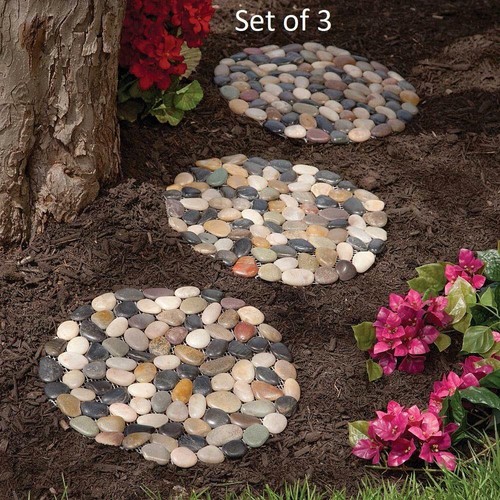 Set of 3 River Rock Stepping Stones 12"Diam. Nonslip w/ Net Backing