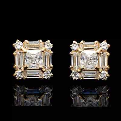 1.00CT Lab Created Princess Baguette Diamond Earrings In 14K Yellow Gold Over
