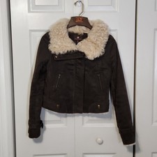 Heartloom Women's Pig Suede Sheep Fur Brown Moto Coat/jacket Size Sm Zip Snap