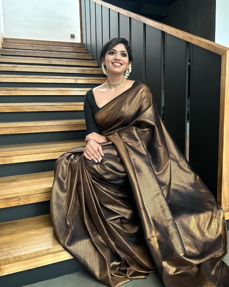 Saree/sari de seda indiano Banarasi com peça de blusa roupa de casamento para festa feminina - Imagem 3 de 4