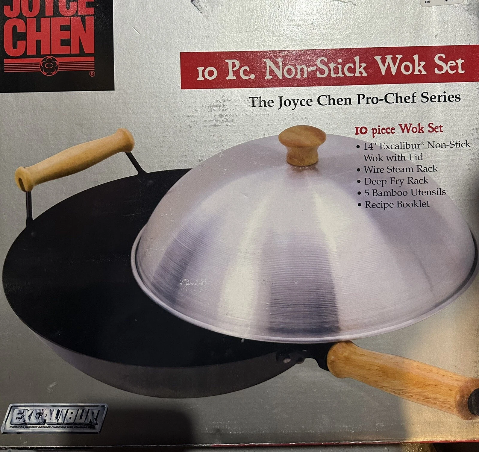 Joyce Chen Professional Series 14" Carbon Steel Excalibur Nonstick Wok 10-Piece
