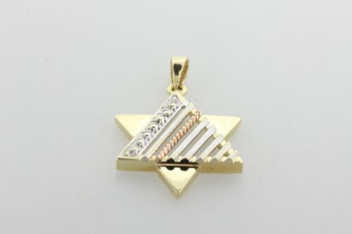 14K Tricolor Gold Diagonal Ripple Pattern Jewish Star Of David Charm Pendant - Picture 4 of 8