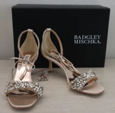 Badgley Mischka Women Sz 6.5 Nude Satin Blossom Ankle Tie Embellished Sandal$245