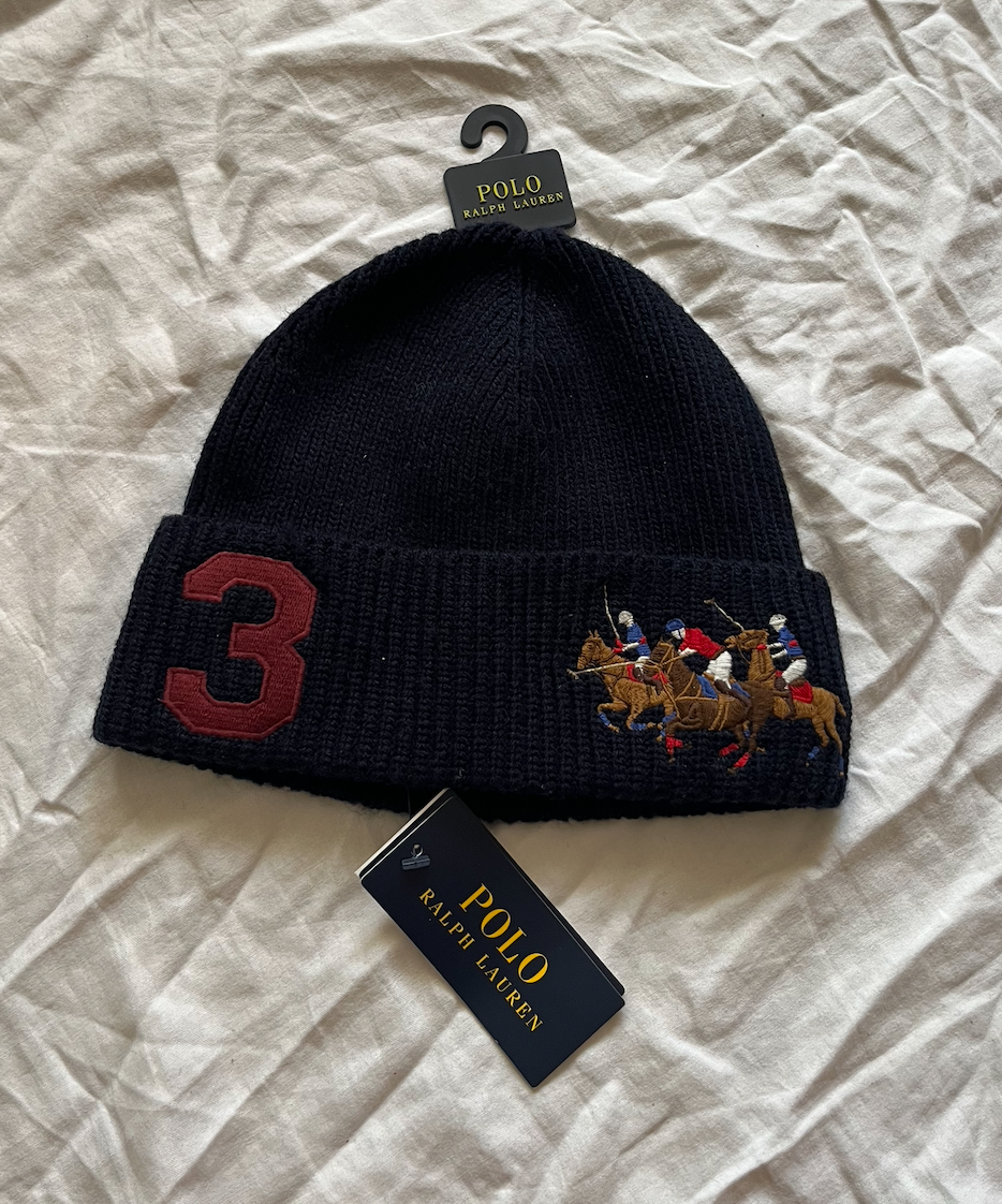 POLO RALPH LAUREN CAPPELLO BERRETTO A MAGLIA 3 PONY BLU NAVY NUOVISSIMA