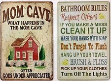 TWO 8x12 TIN SIGNS Mom cave funny family kids bathroom rules brush flush clean