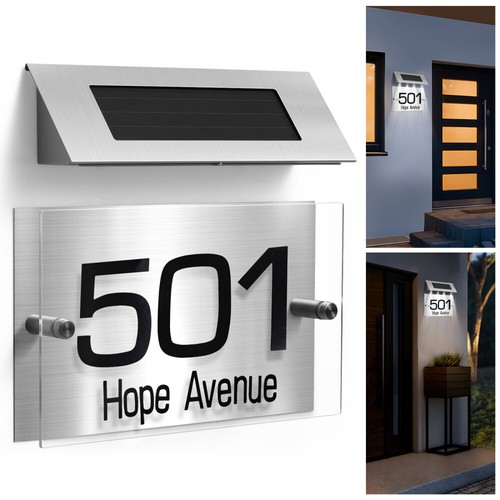 Solar Powered House Number Door Light Stainless Steel Wall Address Sign Lighting - Picture 2 of 14