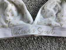 NEW VICTORIA S SECRET WOMENS WHITE BRA W. GOLD POLKA DOTS LINED ADJUSTABLE -SZ M