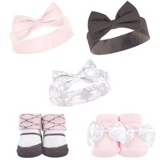 Hudson Baby Infant Girl Headband and Socks Set 5pk, Damask, 0-9 Months