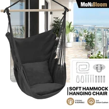 Macrame Hammock Chair Swing Hanging Rope Cotton Porch Cushion Seat w/Side Pocket