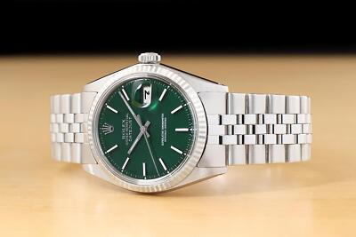 ROLEX MENS DATEJUST 1601 18K GOLD SS GREEN DIAL WATCH w/ FOLDED