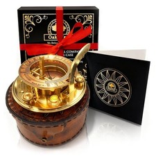 Brass Sundial Compass in Leather Case - Nautical Gifts for 4.1" Inch Diameter