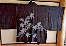 Vintage Japanese Haori Kimono Jacket Black Silk Maple Leaf Shibori Style