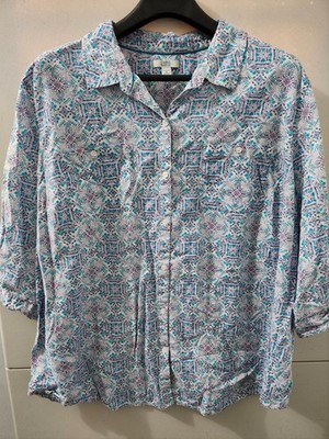 Croft Barrow Top Womens 3X Blue Roll Tab Sleeve Button Up Aztec Nordic Cotton