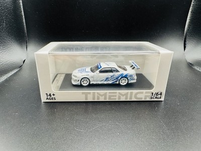 Time Micro 1/64 White Nissan Skyline GTR R34 C-West - Blue Livery - No Figure
