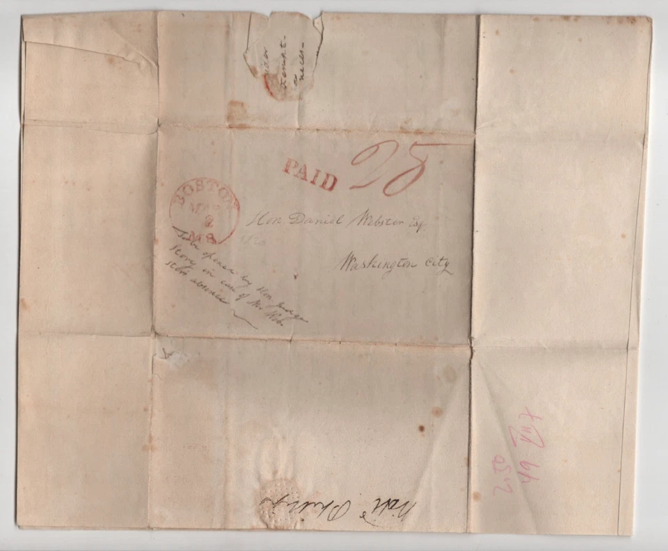 EE. UU. 1820 BOSTON MA AL HONORABLE DANIEL WEBSTER CUBIERTA PLEGADA SIN ESTAMPILLAS Foto 3 de 4