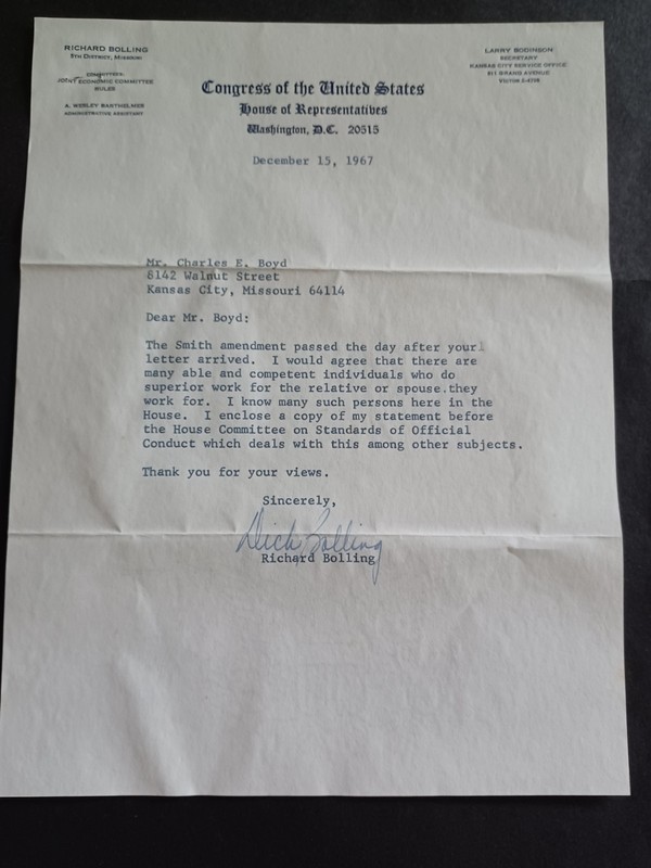Richard W. Bolling (d. 1991) Signed 1967 Letter - Missouri Rep - Congress