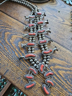Sterling Silver Coral Navajo Big Vintage necklace Squash Blossom Native American