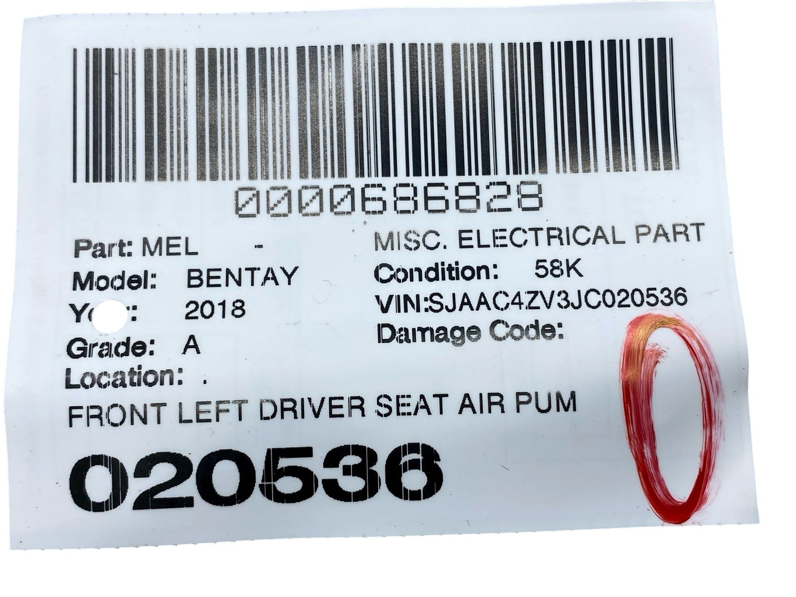 2016-2020 BENTLEY BENTAYGA FRONT LEFT DRIVER SEAT AIR PUMP 4M0881073A OEM