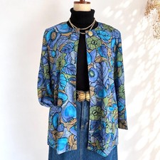 VTG 80s Japanese Abstract Floral Jacket Womens M L Blue Green Botanical Print