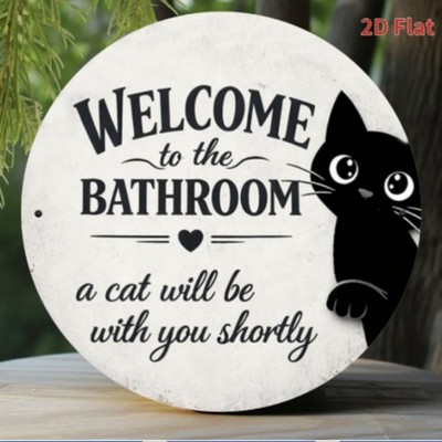 Welcome To The Bathroom Black Cat Metal Sign Round Funny Bathroom Wall Decor