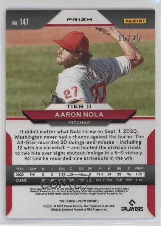 2021 Panini Prizm Tier II Navy Blue Kaleidoscope Prizm /35 Aaron Nola #147 - Image 2 of 2