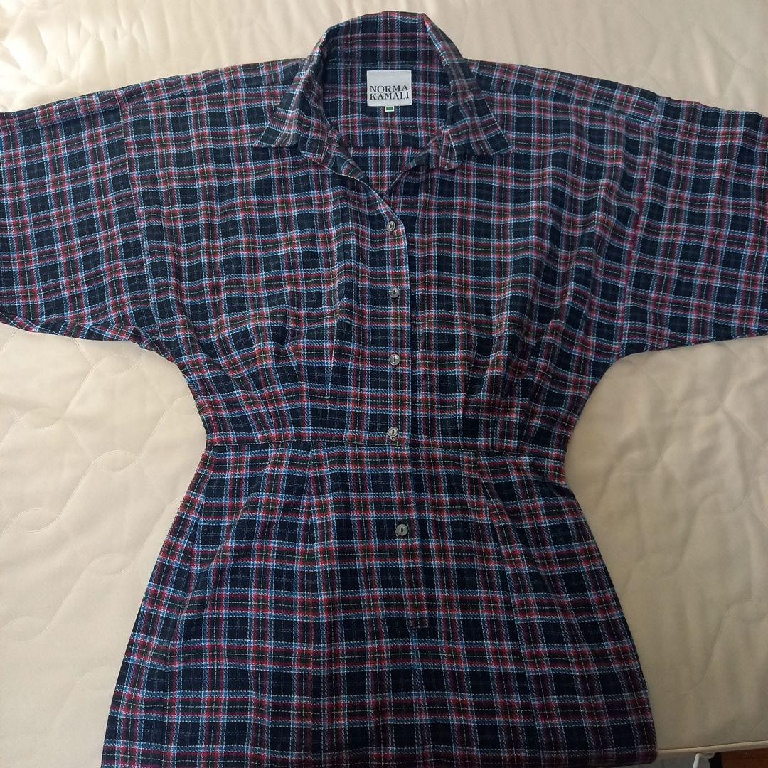 NORMA KAMALI Vintage Check Shirt Dress Navy Red Green Size M