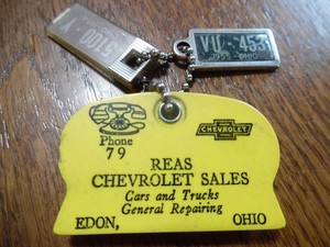 1954 & 55 DAV TAGS REAS CHEVROLET DEALER EDON Ohio Coin Holder W/Pennies Key Fob